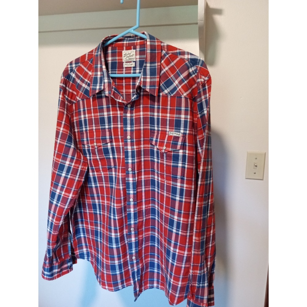Lucky Brand Mens XXL Western Pearl Snap Shirt Red Blue Plaid Cotton 7MD4959